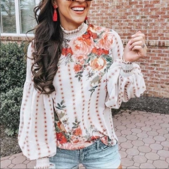 Floral Print dot Balloon Sleeve Cream Boho Blouse - Picture 13 of 13